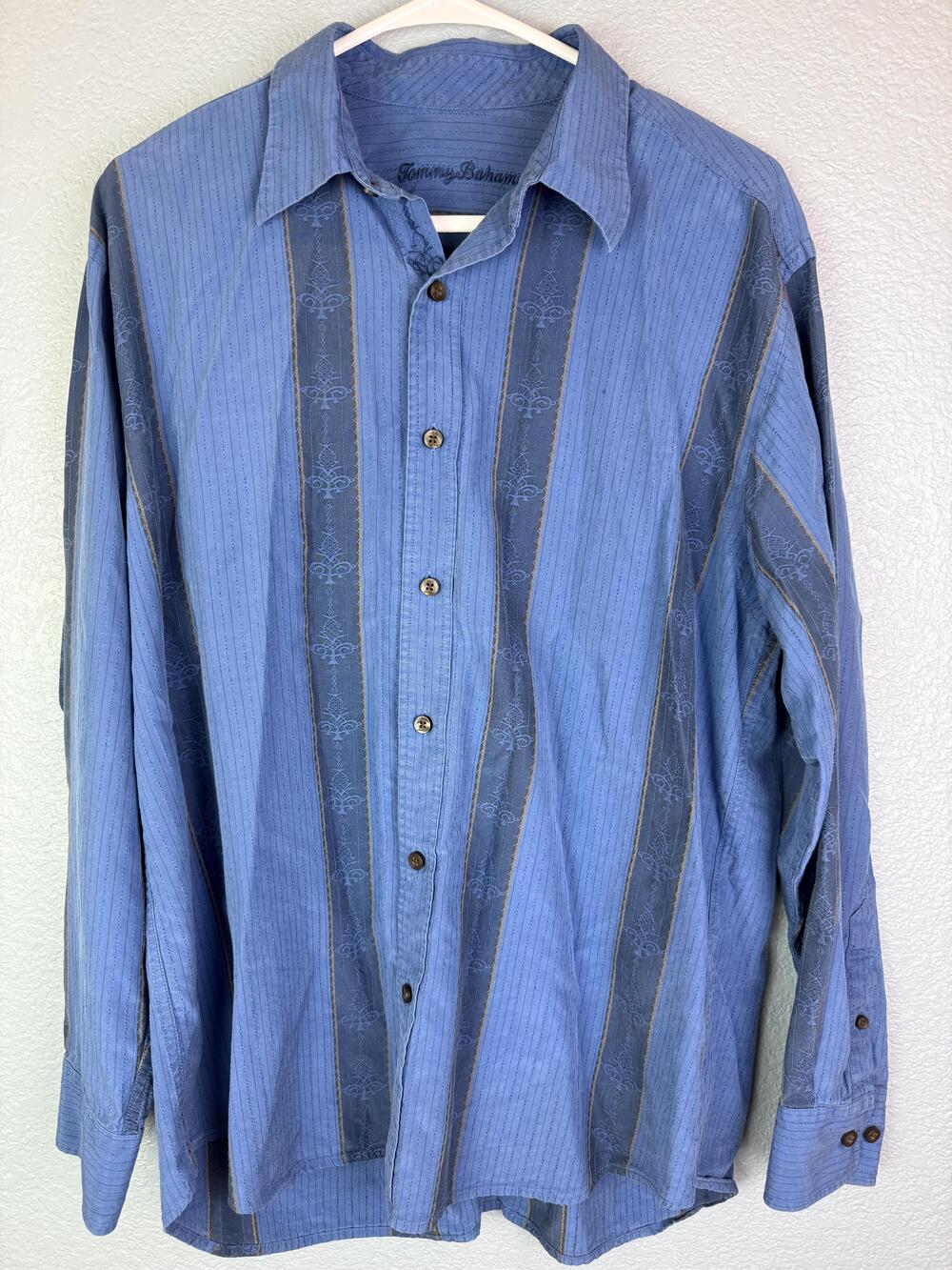 Tommy Bahama Shirt Mens Large Blue Silk Blend Long Sleeve Jacquard Button Front